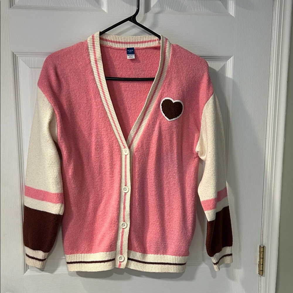Old Navy Girl’s Pink and Cream Cardigan with Heart Detail